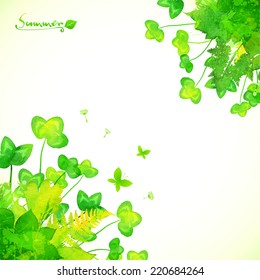 Watercolor painted green leaves vector summer background