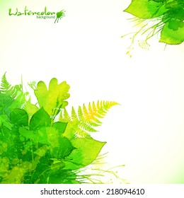 Watercolor painted green summer leaves vector background