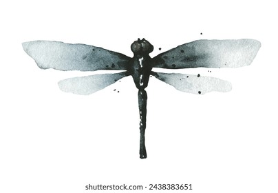 Watercolor painted grunge style gray, blue and black dragonfly in front. Hand drawn illustration. Traced vector watercolour clipart drawing.