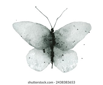 Acuarela pintada grunge estilo gris, azul y negro mariposa en la parte delantera. Dibujado a mano ilustración. Dibujo de clipart de acuarela vectorial trazada.