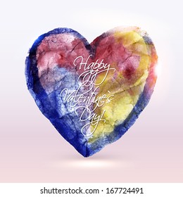 Watercolor painted heart for Valentine`s Day card or background. 