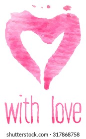Watercolor painted pink heart, vector element for your design. With love sign.