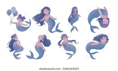 Watercolor painted pretty mermaids in different positions. Set of mermaids. Vector illustration cartoon characters isolated on white. Suitable for card, invitation, poster, template.