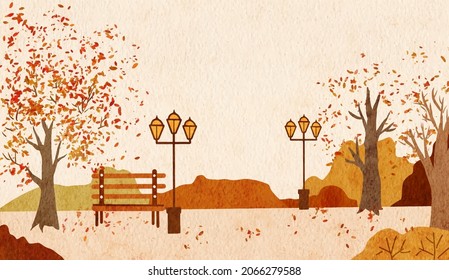 Watercolor painted with scenery of fallen leaves in autumn in city park