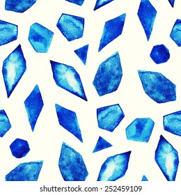  Watercolor painted seamless pattern with blue geometric figures.