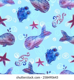 Watercolor painted seamless pattern with sea creatures. Sean and ocean theme.