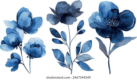 Watercolor painted set of blue and emerald flowers. Vector traced floral collection isolated.	
