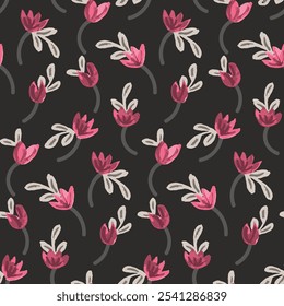 Watercolor painted small lavender blooms in magenta with off white leaves on a black background. Sweet ditsy flower pattern design. A seamless vector pattern. Great for home decor, fabric, wallpaper.