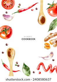 Watercolor painted spices food product frame. Cookbook cover design, recipe book vector illustration