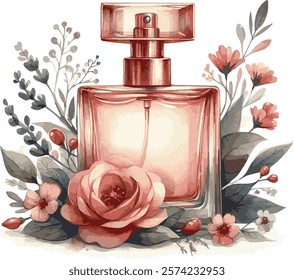 Watercolor painted vector decoration with perfume, flowers and natural leaves making a beautiful composition