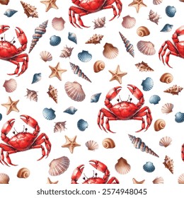 Watercolor painted vector decorative seamless pattern with marine red crabs and sea shells