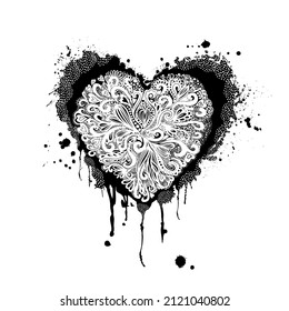 Watercolor painted vector Heart Shape. Hand-drawn painted Watercolour Background. Black ink brush strokes Illustration for Wedding cards, Valentine Day Greetings