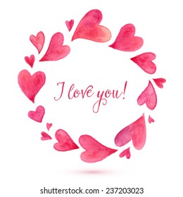 Watercolor painted vector hearts round frame