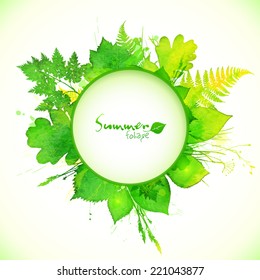 Watercolor Painted Vector Summer Leaves Circle Banner