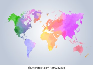 Watercolor painted world map on white background - vector illustration.