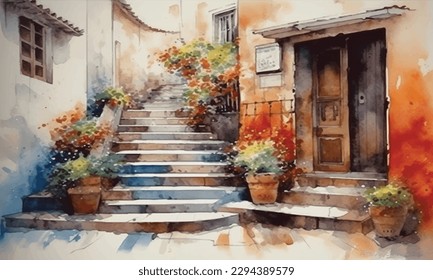 Watercolor painting abstract art cityscape. Stone staircase.
