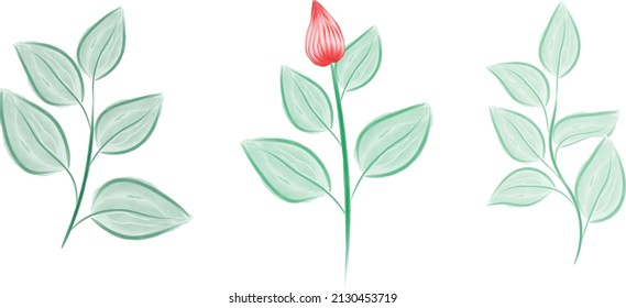 Watercolor painting of abstract flower. Branch of tree from hand writing.