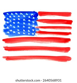 A watercolor painting of the American flag, featuring a blue canton with white stars and red and white stripes, rendered in a loose, artistic style