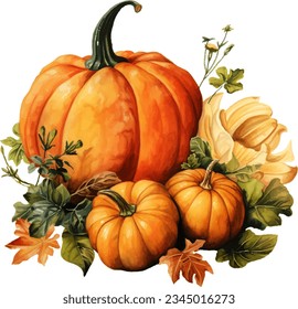 Watercolor painting autumn pumpkin still life for celebration design. Autumn harvest. Vegetarian raw food.