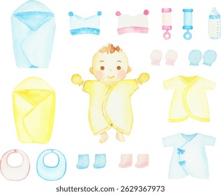Watercolor painting of baby clothes set