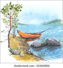 Watercolor painting of bank lake or river with fisherman boat with fishing roods in it, stones and pines. Vectorized illustration.