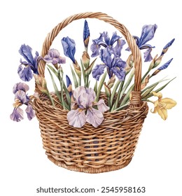 Watercolor painting of Basket with irises and lilies flowers, isolated on a white background