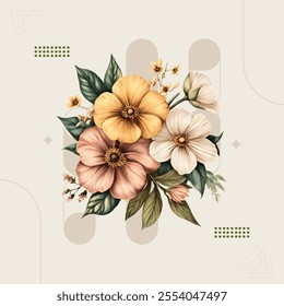 Watercolor painting of a beautiful flower bouquet. Soft, pastel colors and delicate blooms.