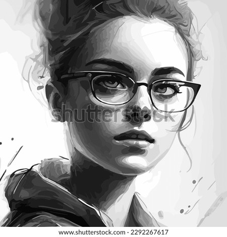 Watercolor painting of a beautiful girl with glasses, oil portrait of a beautiful girl with a piercing gaze, a very beautiful painting of a girl