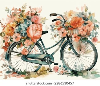 A watercolor painting of a bicycle with a basket of flowers on it
