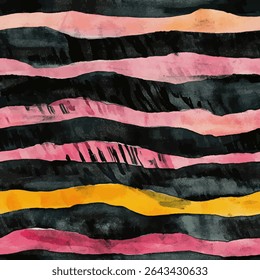 Aquarel schilderij van zwarte en roze gestreepte heuvels met gele strepen, grunge lijnen ikat patroon, ikat naadloos patroon, Vector illustratie achtergrond voor het afdrukken van het papier.
