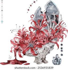 Watercolor painting of black thorns, tombstones, skeletons, stars, red flowers, and shells