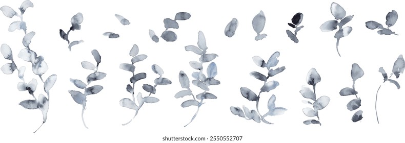Watercolor painting. Black and white grass, trees and plants vector illustration with watercolor touch. Luxury image background of plants and trees. Black and white grass and trees image.