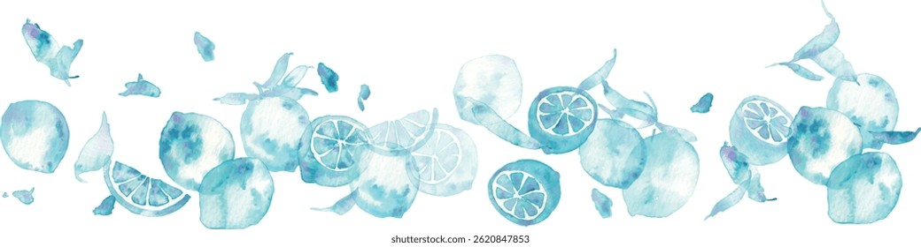 Watercolor painting. Blue lemon illustration with watercolor touch. Lemon vector illustration. Fresh summer background frame.