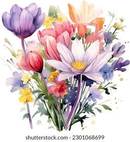 A watercolor painting of a bouquet of flowers.