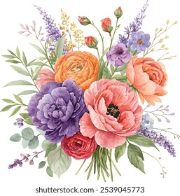 Watercolor painting of a bouquet of flowers, Valentine Days Vector Art Design