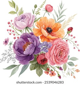 Watercolor painting of a bouquet of flowers, Valentine Days Vector Art Design