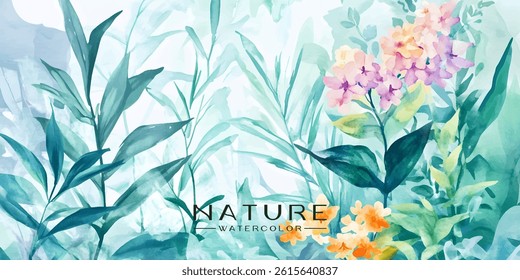 watercolor painting of a bouquet of lush leaves and flowers, with a soft, delicate color palette.