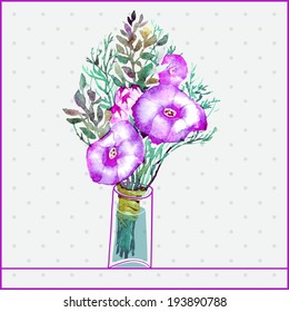 Watercolor painting bunch of flowers in a glass. Vector illustration. Gray background with polka dots.