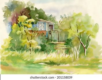 Watercolor Painting Of Cabin In Woods Vector