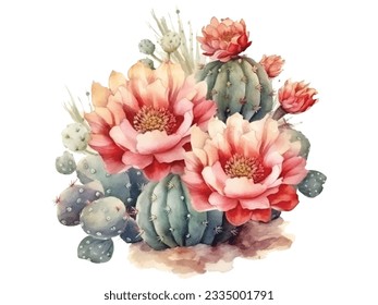 pintura acuarela de flores de cactus y plantas de cactus