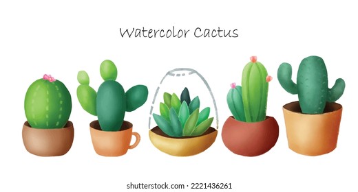 Pintura acuarela de cactus colocada en una olla sobre un fondo blanco. Pintado a mano. Conjunto de ilustraciones vectoriales. Adecuado para papel pintado, tela estampada, fondo impreso, pegatinas.