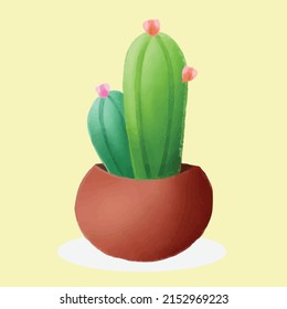 Watercolor painting of a cactus in a single pot. Colorful hand painted. Vector illustration of gardening elements editable.