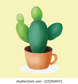 Watercolor painting of a cactus in a single pot. Colorful hand painted. Vector illustration of gardening elements editable.