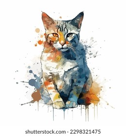 Eine Aquarellmalerei einer Katze. Farbspritze, mehrfarbige, abstrakte digitale Kunst, Farbspritze, weißer Hintergrund, Vektorgrafik