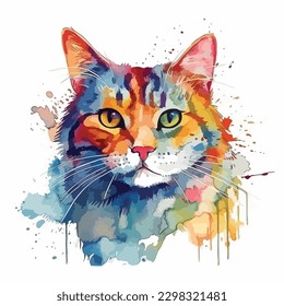 A watercolor painting of a cat. color splash, multicolor, Abstract digital art, paint splash, white background, vector illustration