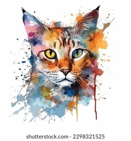 A watercolor painting of a cat. color splash, multicolor, Abstract digital art, paint splash, white background, vector illustration