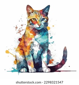 Eine Aquarellmalerei einer Katze. Farbspritze, mehrfarbige, abstrakte digitale Kunst, Farbspritze, weißer Hintergrund, Vektorgrafik