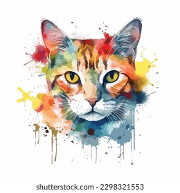 A watercolor painting of a cat. color splash, multicolor, Abstract digital art, paint splash, white background, vector illustration