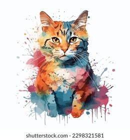 A watercolor painting of a cat. color splash, multicolor, Abstract digital art, paint splash, white background, vector illustration