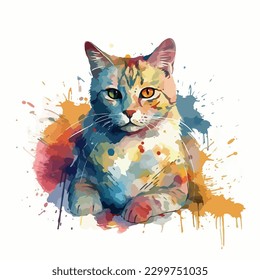 A watercolor painting of a cat. color splash, multicolor, Abstract digital art, paint splash, white background, vector illustration